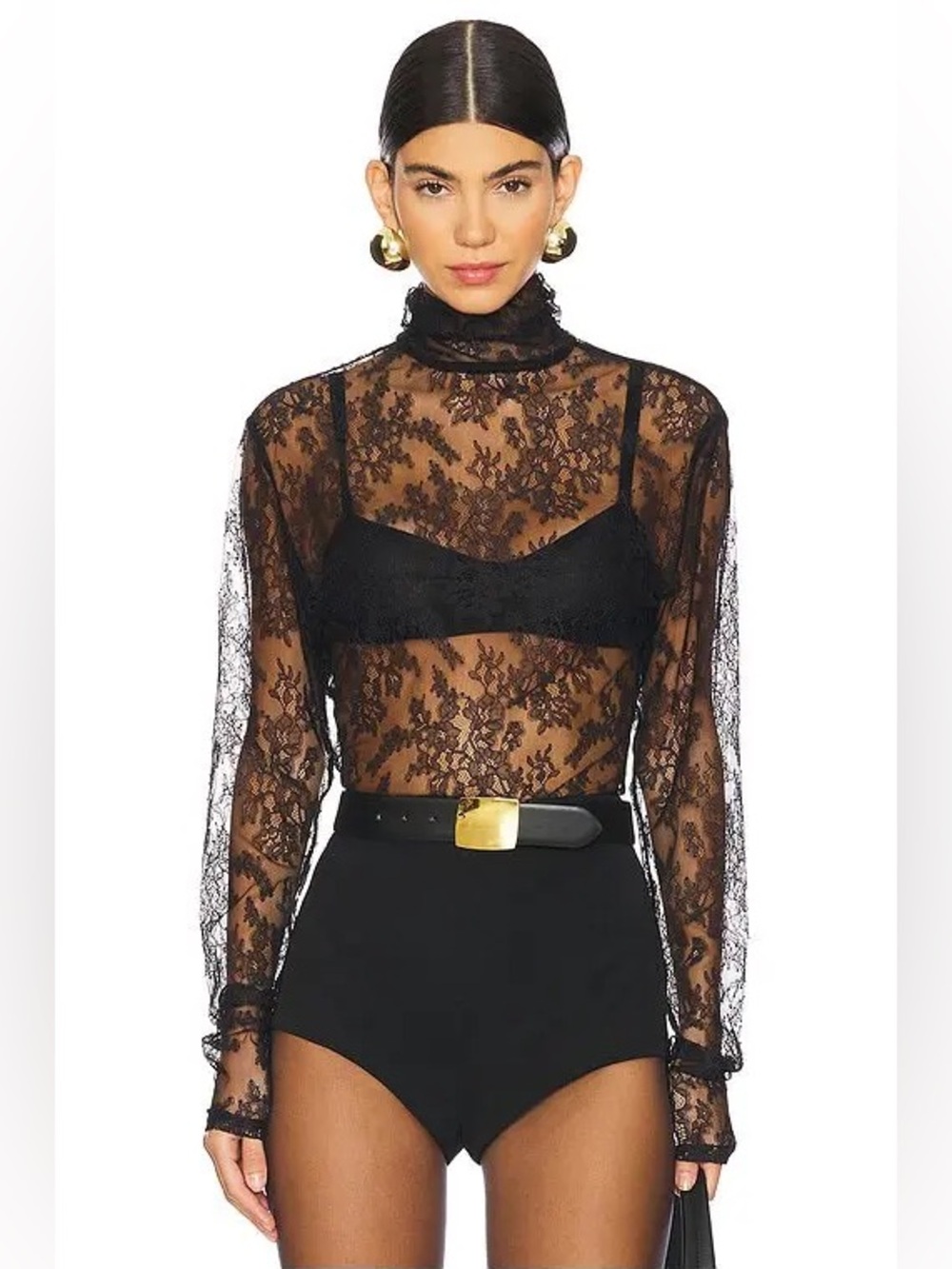 NBD norel Black Sheer Floral Lace Turtleneck Top